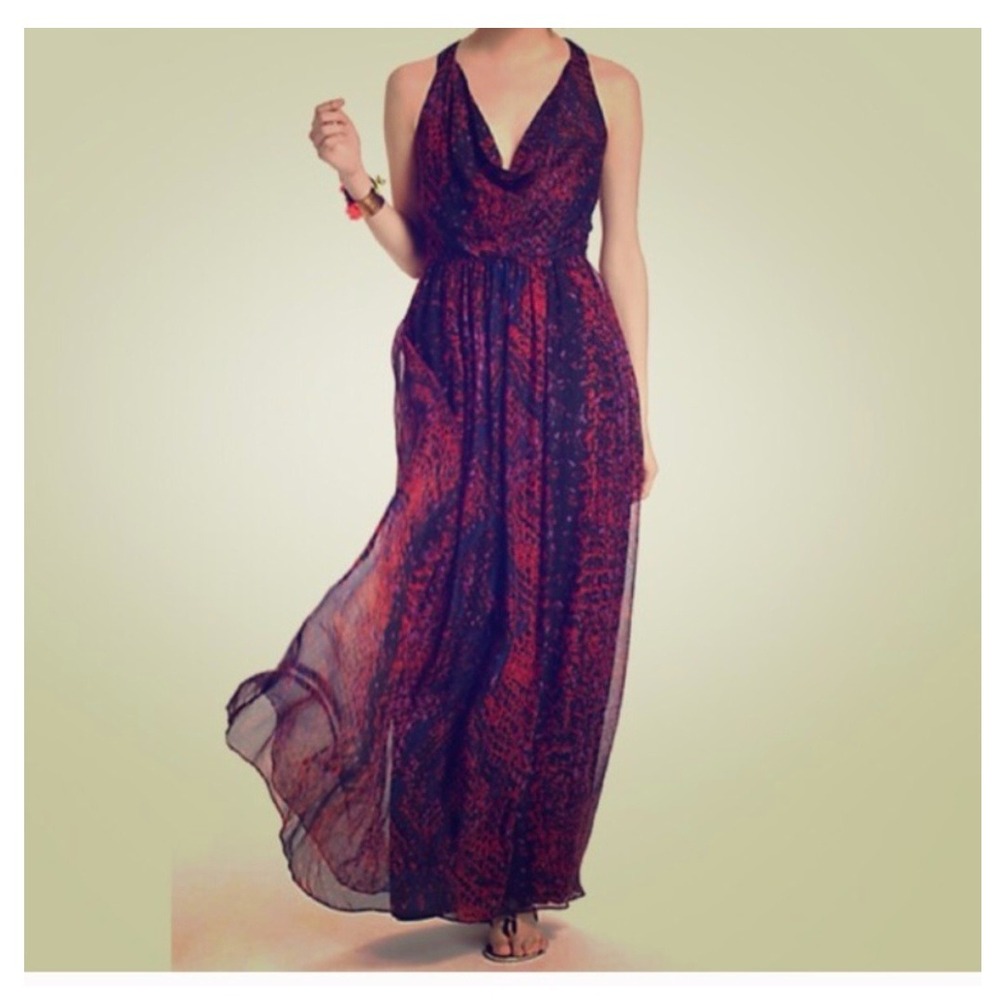 HD in Paris Anthropologie Seeped Sinopia Silk Print Maxi Dress M Burgundy Purple